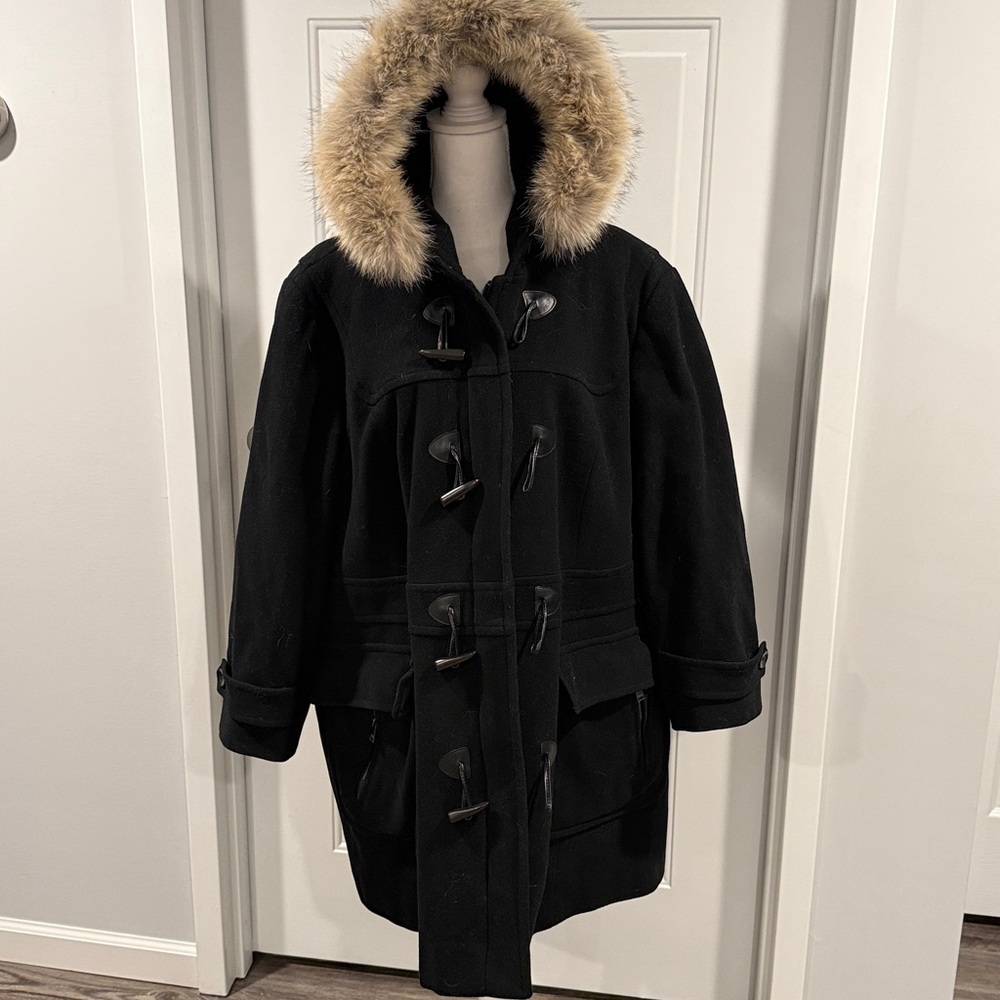 MARC New York Coat Coyote Fur Trimmed Hooded Black Wool Cashmere Coat Size XL - Picture 2 of 12